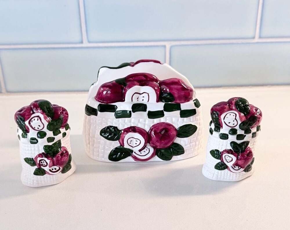 Apple Heart Table Top Set Ceramic Napkin Holder and Salt & Pepper Shakers